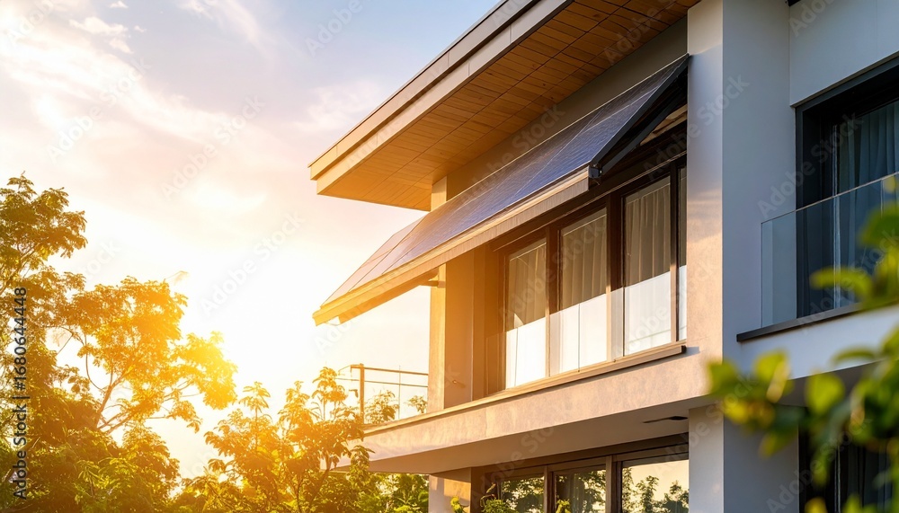 Poster Contemporary house with tree in the background featuring dynamic shading system on white canvas
