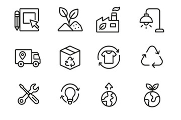 Renewable Lifecycle Icons. Outline icon set of renewable product lifecycle: design stage, raw material
