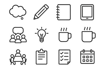 Brainstorming Icon Set. Outline icon set of creative brainstorming session: thought bubble, pencil, notepad,
