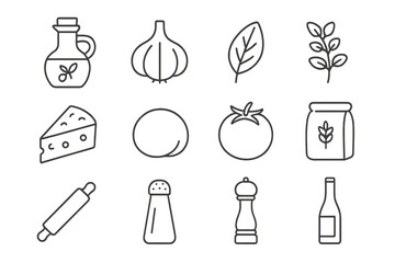 Italian Cooking Icons. Outline icon set of Italian cooking ingredients: olive oil bottle, garlic bulb, basil