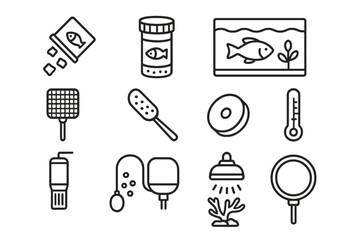 Obraz premium Fish Feeding Icons. Outline icon set of feeding fish: fish flakes, pellet container, water tank, net, scoop,