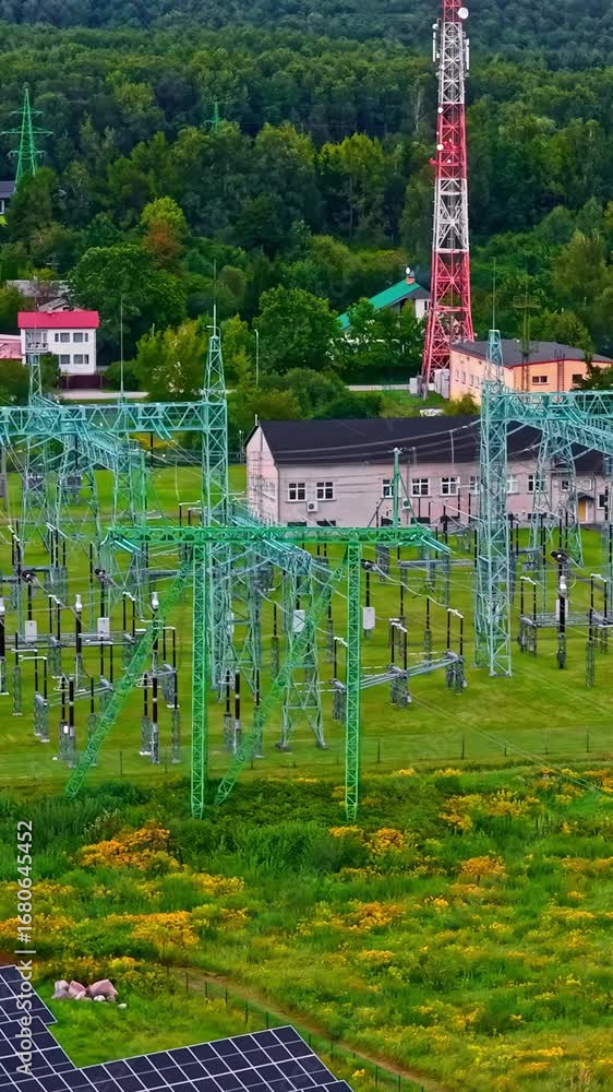 Poster solar power panels set on edge of transformer power grid lines, aerial of renewable energy use in fa