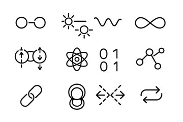 Quantum Icon Set. Outline icon set of quantum entanglement: two linked particles, photon pair, wave lines,