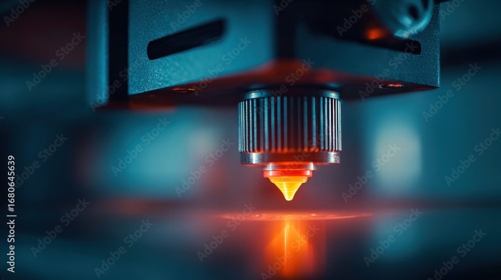 Poster the glowing nozzle of a 3d printer creating a detailed object layer by layer.