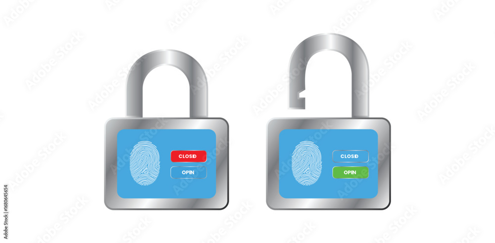 Poster digital,fingerprint,lock icons showing locked and unlocked padlock with biometric scan screen modern