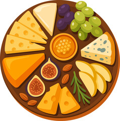 Flat vector illustration of a cheese platter with different types of cheese, figs, grapes, apples, almonds, honey, and herbs. Perfect for food, gourmet, and restaurant design.