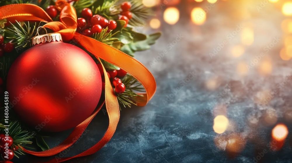 Poster festive display of a red ornament with greenery and lights in the background