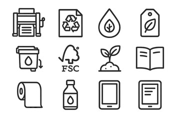 Eco Printing Icons. Outline icon set of print-on-demand eco solutions: printing press, recycled paper, soy ink
