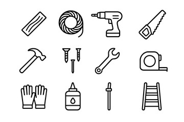 Obraz premium DIY Swing Icon Set. Outline icon set of DIY swing building: wooden plank, rope coil, drill, saw, hammer,