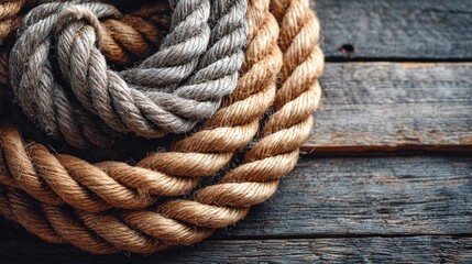 A close-up shot of a textured, coiled rope on a weathered wooden surface.