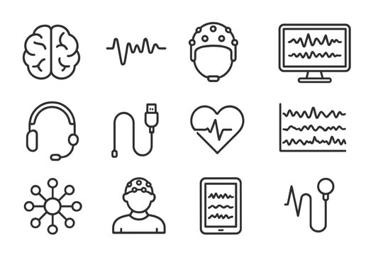 EEG Monitoring Icon Set. Outline icon set of EEG monitoring: brain, wave lines, electrode cap, computer screen