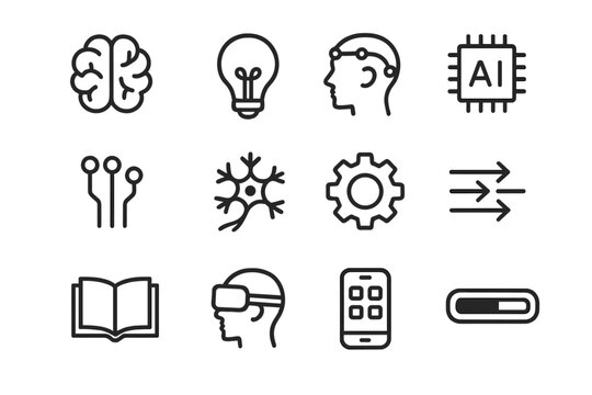 Cognitive Device Icons. Outline icon set of cognitive enhancement devices: brain, light bulb, electrode
