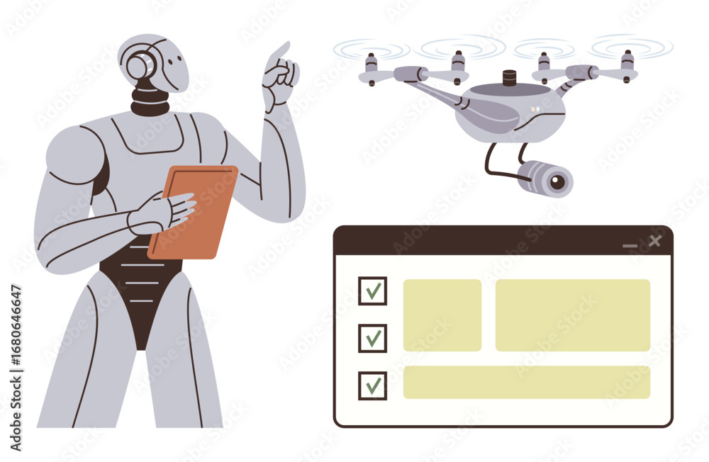 Aufkleber robot holding tablet directs a surveillance quadcopter, with a checklist interface for task tracking