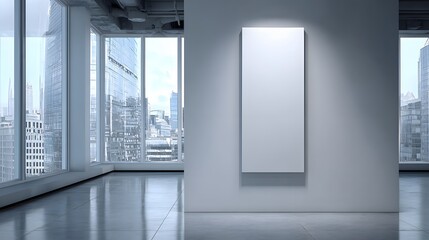 Modern, minimalist interior showcasing a blank canvas against a backdrop of a city skyline, with muted tones and a focus on spaciousness.