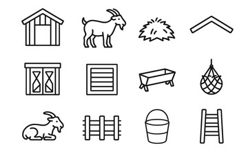 Goat Shelter Icons. Outline icon set of goat shelter: wooden shed, goat, straw bedding, roof, barn door,