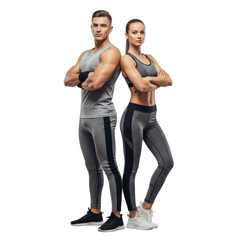 Fototapeta premium Fitness Focused Muscular Man & Athletic Woman Standing Confidently Together in Sportswear on White Background for a Healthy Lifestyle