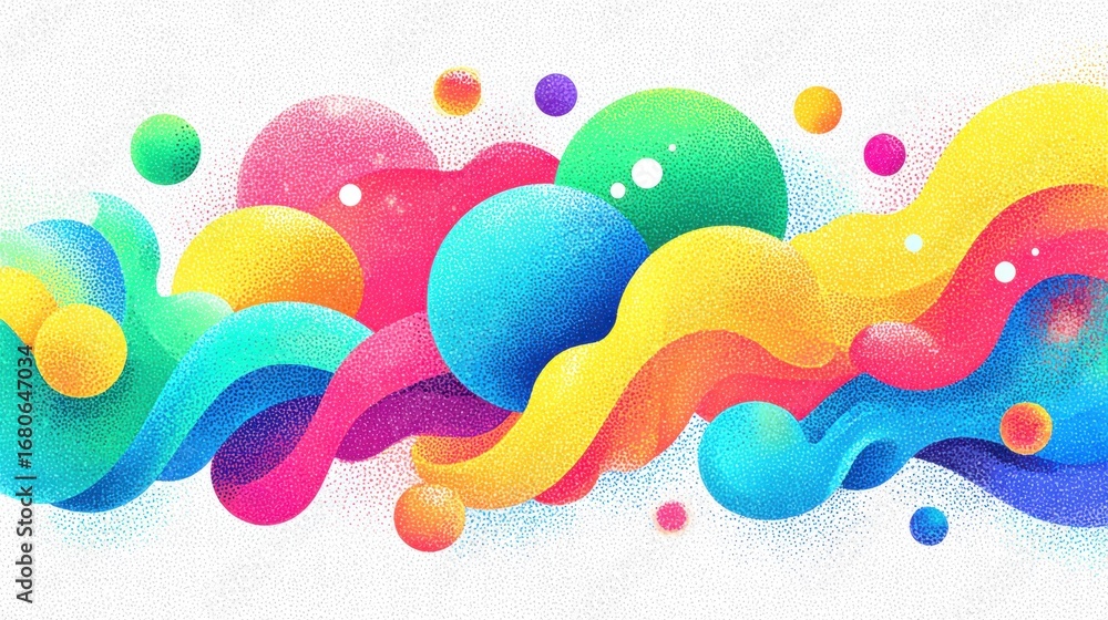 Poster a vibrant abstract artwork featuring colorful shapes and spheres in a dynamic composition.