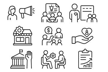 NGO Job Icon Set. Outline icon set of job opportunities in NGOs: outreach program, community meeting, project