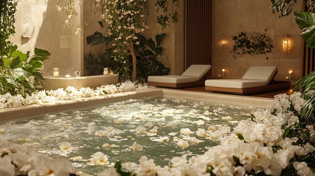 Spa featuring fresh spring flowers and light pastel colors, creating a peaceful and rejuvenating atmosphere.