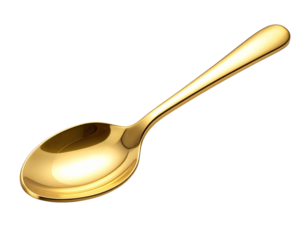 A sleek golden spoon displayed at a diagonal angle, handle pointing to the upper corn 751149