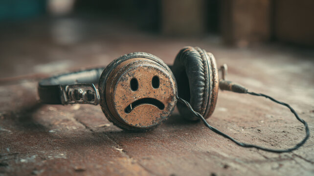 Broken headphones shaped into crying face, cyber silence