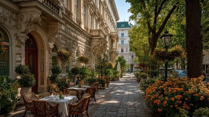 Charming European Cityscape: Outdoor Cafe Amidst Verdant Sidewalk Gardens