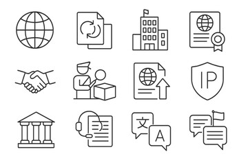 International IP Icons. Outline icon set of international IP disputes: globe, international treaties, WIPO