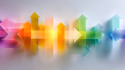 A dynamic graphic design featuring many translucent arrows of various colors, creating a sense of movement and growth, set against a neutral backdrop.