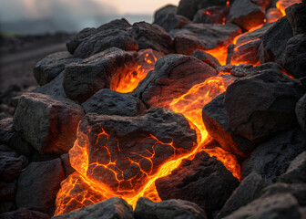 Molten lava flowing between dark rocks creating a fiery and intense landscape