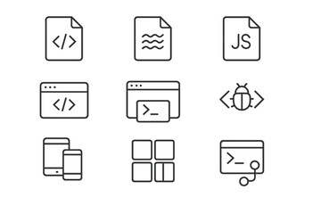 Front-End Icons Grid. Outline icon set of front-end development: HTML file, CSS file, JavaScript file, code