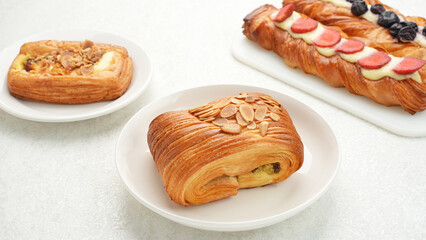 Assorted freshly baked pastries, top view