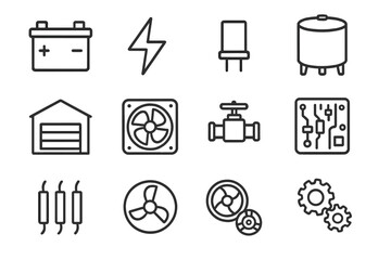 Industrial Energy Icon Set. Outline icon set of industrial energy storage: battery, energy bolt, capacitor,