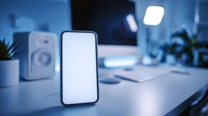 A modern, minimalist smartphone mockup stands on a light-blue lit office desk, displaying a blank screen amidst a blurred background of technology.
