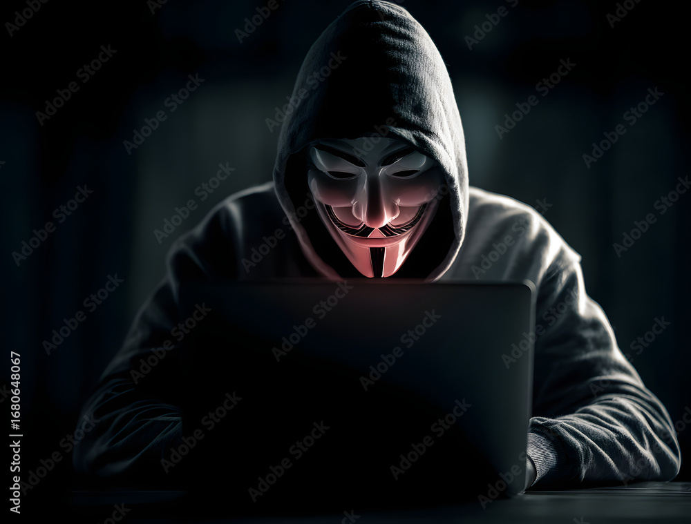 Poster anonymous hacker without face typing computer laptop concept of hacking cyberscurity, cybercrime, cy