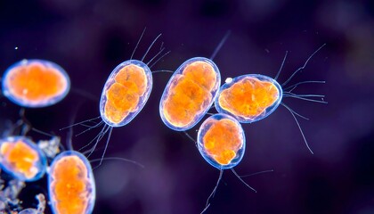Microscopic organisms, vibrant orange, dark background