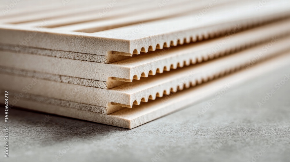 Poster intricate wooden structure with interlocking layers, highlighting craftsmanship and design.