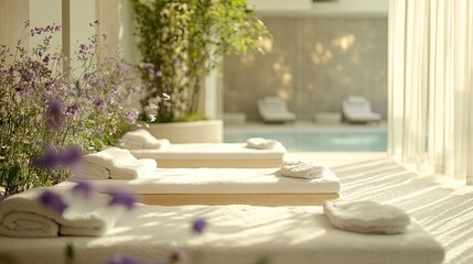 Spa with spring flowers and soft pastel colors, evoking a relaxing and refreshing ambiance for guests.