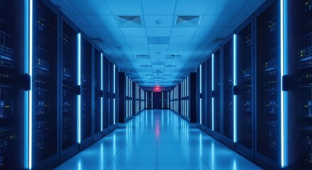 Modern server room corridor with blue led lighting, data center technology and infrastructure