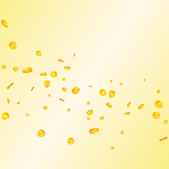 British pound coins falling. Scattered gold GBP