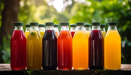 Row of colorful juice bottles outdoors