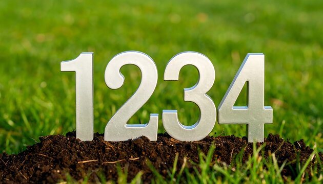 Metal numerals 1234 stand in soil against a blurred green grass background
