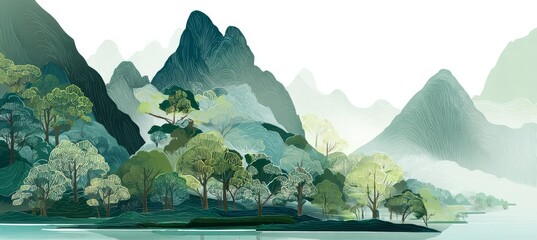 Forest mountain valley landscape. Traditional oriental painting style background. Generative AI technology.   © Hero Design