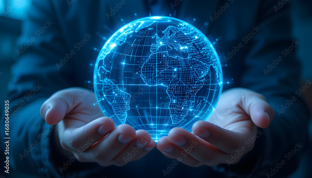 Poster modern businessman hands holds glowing digital globe connecting world with bright data streams.