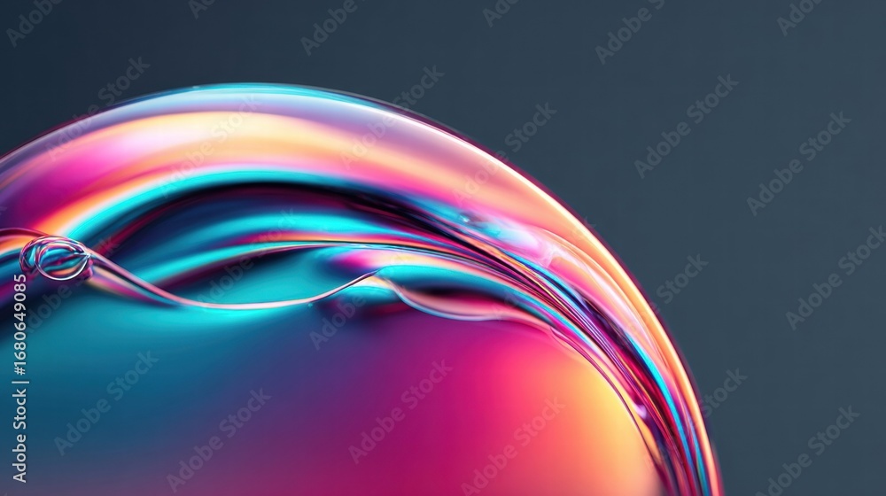 Poster a mesmerizing close-up of a colorful bubble with vibrant hues and fluid forms.