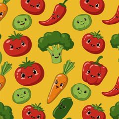 Cute vegetable characters on a yellow background. Friendly cartoon vegetables with big eyes and smiling faces are arranged in a seamless pattern.