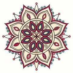 Intricate floral mandala design with red blue and teal accents