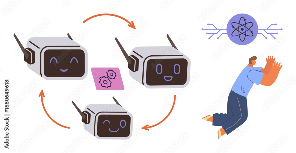 Poster three robots exchanging data, represented by arrows and gears, alongside a human interacting with ai