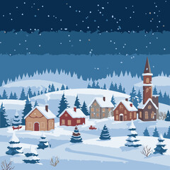 Fototapeta premium Snowy Christmas village scene at night with cozy houses, decorated trees, and falling snow. Winter wonderland village with festive decorations in a tranquil setting.