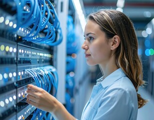 A female IT professional inspects network servers in a modern data center environment.