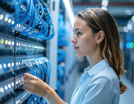 A female IT professional inspects network servers in a modern data center environment.
